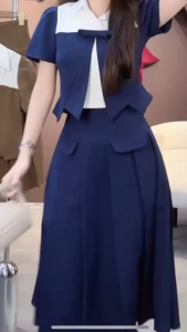 L_ Set công sở Hàn Quốc set thanh lịch đồ nữ thiết kế xinh áo croptop nơ tay ngắn phối chân váy xếp ly dài trẻ trung