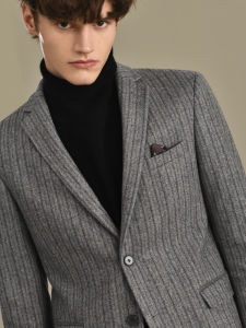 Slim Fit Leisure Grey Stripe Wool Suit Jacket Thick