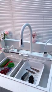 Putih Kitchen Sink 4 tuts Piano Luxury Stainless Steel 304 Wastafel dapur Lengkap Tarik