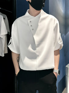 เสื้อเชิ้ตแขนสั้นผ้าไหมน้ำแข็งฤดูร้อนสำหรับผู้ชาย เสื้อคอตั้งบาง เสื้อผ้าทำงานสไตล์ใหม่ เสื้อผ้าทำงานลำลอง ผ้าฝ้ายโพลีเอสเตอร์