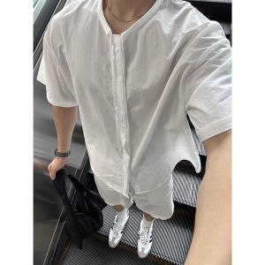 New Chinese Style Ice Silk Quick Dry White Mens Shirt Summer Drapey Loose Short Sleeve Casual Half Sleeve Button Decorated Polyester Fiber