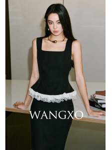 WANGXO | Bộ Đầm Xòe Dây Quai Hông Rút Nơ Cổ Vuông
