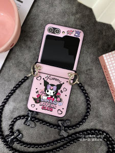 Full Cover Hinge Phone Case for Samsung ZFlip5 ZFlip4 ZFlip3 Womens Style with Kuroko Crossbody Strap Pink Kuroko Bracelet
