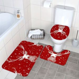 VIKAMA 3pcs Christmas Bathroom Mat Set Santa Claus Nutcracker Snowflake Non Slip Toilet Floor Mat Home Decoration