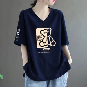 Summer Short Sleeve T-Shirt Womens Casual V-Neck Loose plus Size Comfortable Cotton Top for Middle-Aged Mothers