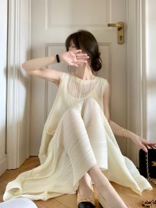 French Vintage Pleated Sleeveless Womens Dress Summer Gentle Style Long Skirt Elegant Atmosphere Loose Waist A-line Skirt