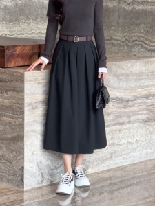 Black High Waist A-Line Skirt Womens Loose Flattering Korean Style Spring New Arrival Age-Defying Midi Skirt for plus Size