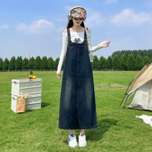 Retro Denim Halter Dress Women Spring Autumn 2025 New Mid-Length Loose Slimming Split Salt System Anti-Aging Dress