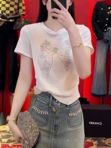 Áo Thun Nữ Tay Ngắn Mùa Hè 2024 Thời Trang Rộng Rãi Thắt Nút Bướm Áo Thun Cotton Pha Trộn Áo Thun Thường Ngày Áo Thun Cổ Tròn