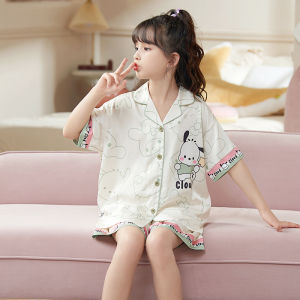 MiiOW | Bộ đồ ngủ tay ngắn bằng lụa băng mùa hè cho trẻ em MiiOW Cat Person Áo len cardigan hở Áo choàng mặc nhà cho bé gái