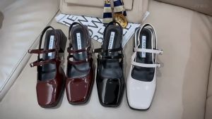 Retro Square Toe Thick Heel High Heel With Straight Back Shiny Leather Strap Womens Shoes Baotou Sandals