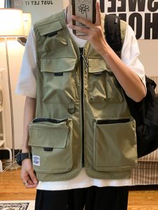 Fried Street Japanese Style Functional Multi-Pocket Tactical Parka Vest Man Trendy Ins Internet Celebrity Easiest for Match Green Sleeveless Vest
