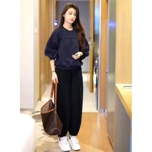 Pure Cotton Sportswear Set Womens Spring Autumn 2025 New Fashion Stylish Small Size Casual round Neck Sweatshirt Two Piece Set