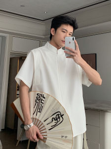 Hualun New Chinese Style Mens Shirt Summer Oversize Short Sleeve Casual Loose Top Polyester Viscose Spandex Blend Youth Fashion