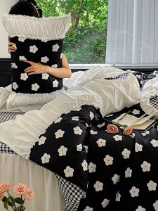 French Vintage Camellia Pure Cotton Bedding Set Duvet Cover Bed Sheet Ruffle Lace Bed Skirt Style Creamy Princess Trend