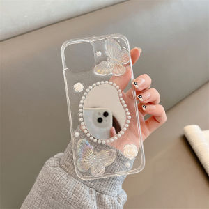 CrashStar เคสโทรศัพท์แข็งลายดอกไม้ผีเสื้อ3D พร้อมกระจก สำหรับ iPhone 15 14 13 12 11 Pro Max XS XR X 8 + 7 Plus