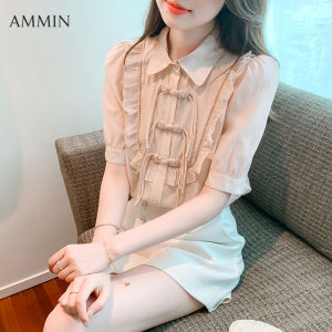 AMMIN เสื้อคอปกแขนสั้นสำหรับผู้หญิงเสื้อลูกไม้แขนพองเก๋ไก๋เปิดหูทำจากไม้ขอบแฟชั่นสไตล์เสื้อชีฟองเกาหลีฤดูร้อน 2023