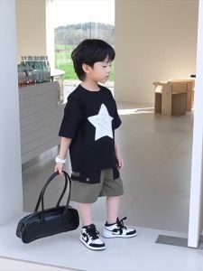 เสื้อผ้าเด็กผช ชุดเด็กเกาหลี 24129 รูปแบบสไตล์เสื้อเชิ้ตแขนสั้นผ้าฝ้าย