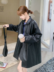 Casual Chic Black PU Leather Jacket Womens Mid-Length Coat Autumn Fashion Street Style Commute Loose Fit Long Sleeve Zipper