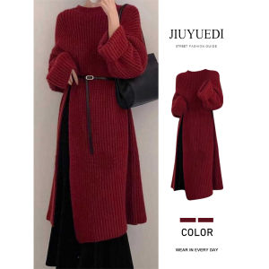 Late September French Red round Neck Knitted Dress Womens Autumn Winter Loose Long Dress Christmas Atmosphere Commute Style