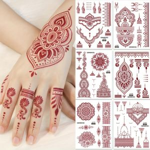 ZEEMIN Christmas 6 Sheets Red Henna Temporary Tattoo Stickers Maroon Mehndi Design Waterproof Fake Tattoos for Women Hands Finger Tattoo Body Art
