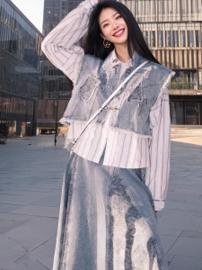 Chic Chinese Style Womens Denim Jacket Long Sleeve Shirt Half Skirt Set Early Spring Fashion Three-Piece Suit Traditional National Trend