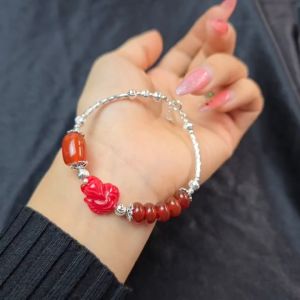 Q105 Lắc bạc lu thống ngũ điếu Ngọc Agate Đỏ mix hồ ly Ngọc Huyết móc Bạc freesize cho Hỏa và Thổ - Phong Thuỷ TUDO P