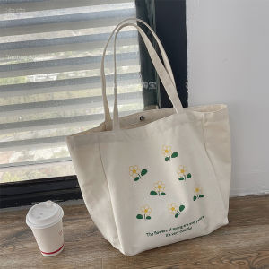 กระเป๋าผ้าใบทรงโต้รุ่งใหม่สไตล์เกาหลีสำหรับผู้หญิง ความจุขนาดใหญ่ กระเป๋าถือสำหรับเดินทางแบบสะพายไหล่ข้างเดียว กระเป๋าผ้าใบลายดอกไม้สดชื่น