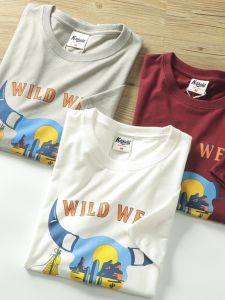 Retro Casual Amekaji Style Men Summer Brushed Print Fashion Casual Pure Cotton round Neck Short Sleeve T-shirt