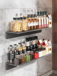 Modern Minimalist Kitchen Storage Rack Spice Organizer Long Strip Shelf No Drilling Wall Mounted Carbon Steel Organizer