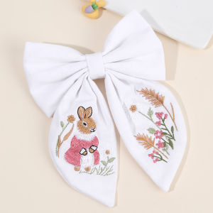 Rabbit Embroidery White Bow Hair Clip Sweet Girls Bunny Bowknot Hairpin Handmade Fabric Kids Cute Headdress Headwear Accessories