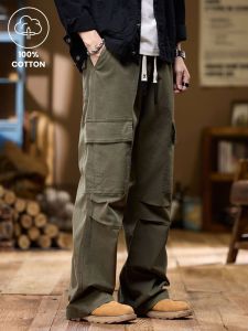 100% Cotton Pants Men 2025 Autumn New Loose Casual Drawstring Sweatpants Fashion Big Pocket Youth Straight Wide Pants