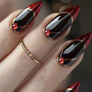 Medium Long Fake Nails for Women Girl Sparkling Glitter Red Nail Tips for New Year Party Almond Square Shape Press On False Nail