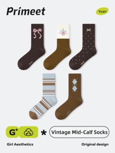 PRIMEET | Brown Retro Lattice Spring/Autumn Mid Calf Socks