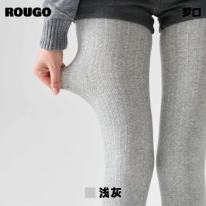 Rougo Thickened Fleece Lined Grey Base Layer Tights Womens Spring Autumn Cotton Blend Fabric No Slip down Comfortable Leggings