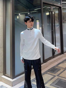 White Long Sleeve T-Shirt Mens Autumn Winter New Style Metal Zipper Leather Button Design Base Shirt Fashion Urban Loose Fit Youth Daily Wear