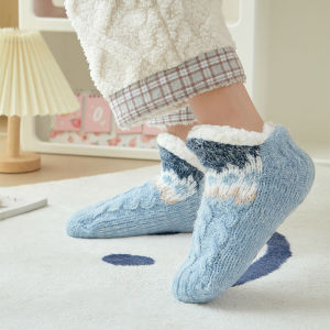 หนาขึ้น ถุงเท้าพื้นกํามะหยี่แกะ ในอาคาร ชุดนอน กันลื่น ฤดูหนาว บ้าน อุ่น ผ้าฝ้าย ไลคร่า ผู้หญิง ถุงเท้าถึงกลางน่อง ถุงเท้า