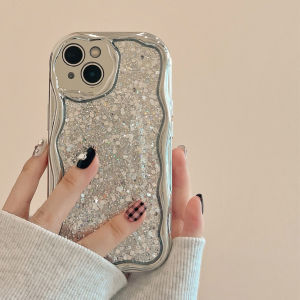 CrashStar Fashion Silver Glitter Wavy Edge Soft Phone Case For iPhone 15 14 13 12 11 Pro Max Plus X XR XS Max Shockproof Phone Casing Bling Cover Protective Shell With Full Cover Lens Camera Protection