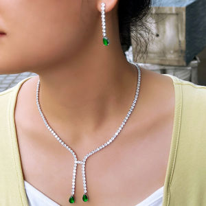 SEQUITO Stunning Women Jewelry White Gold Plated Pave Setting Round AAA Cubic Zirconia Green Waterdrop Pendant Long Drop Earrings Necklace Set for Prom Party SJ383