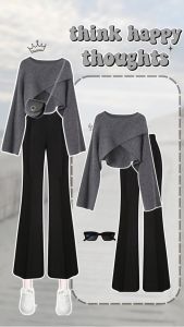 One set sweater blouse rajut ( Silang Abu + Celana Cutbray + Kacamata ) 3in1 Korean Style AM288R