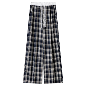 Miiow | High Waist Straight Leg Loose Casual Womens Plaid Pants Lace Detailing Summer 2025 New Style MiiOW Cat Person Long Trousers