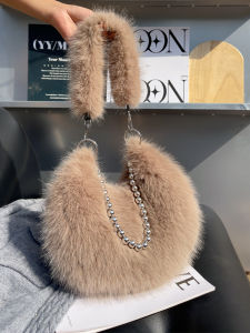 Luxury Plush Handbag Women Large Capacity 2024 New Autumn Winter Crescent Moon Bag Furry Shoulder Crossbody Bag Soft Polyester Lining