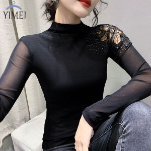 AIYIKU Áo Cổ Cao Mới Mùa Thu 2022 Áo Thun Lưới Khoan Hót Khâu Ren Tay Dài Áo Mặc Trong Ôm Thời Trang Cho Nữ