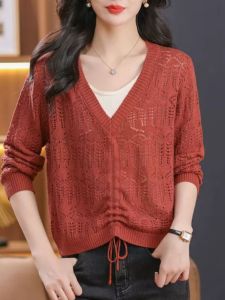 Spring Hollow out Thin Drawstring Knitted Top Women Short Style 2024 New Small Design Sense Base Shirt Outerwear