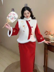 Elegant Thickened Woolen New Chinese Style Embroidered Qipao Dress Red for plus Size Women Christmas New Years Fashionable