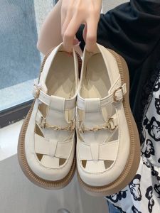 Womens Roman Style Hollow out Woven Toe Sandals Thick Heel Casual Comfortable Summer New Style Rubber Sole round Toe Shoes