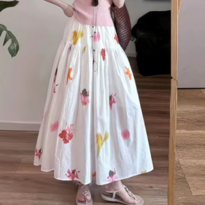 VKSOD | Elegant Gentle Short Sleeve Knitted Top Womens Summer Fashion Floral White Mini Skirt Two Piece Set Round Neckline Sleeve Length