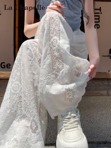 La Chapelle | White Lace Cutout High Waist Wide Leg Pants