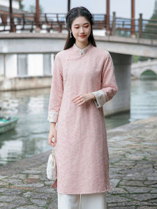 Thickened Fleece Lined Cotton Linen Cheongsam Dress Chinese Style Tea Ceremony Clothing Warmth Retro Style mid Length Long Sleeve