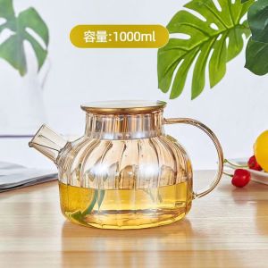 Large Capacity Glass Cold Water Pot Heat Resistant Stripe Steel Lid Juice Pot Flower Tea Pot Nordic Style Pure Color Beverage Utensils